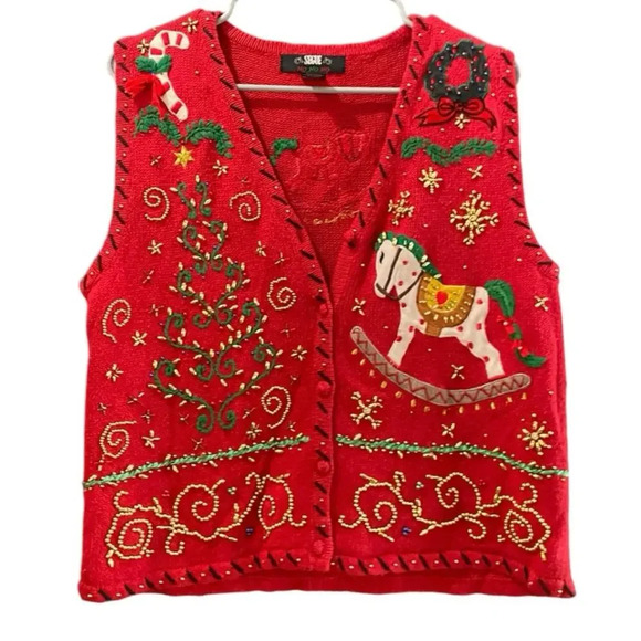 Segue Red Ugly Christmas Horse holiday knit sweater Vest Size Small - Picture 1 of 4